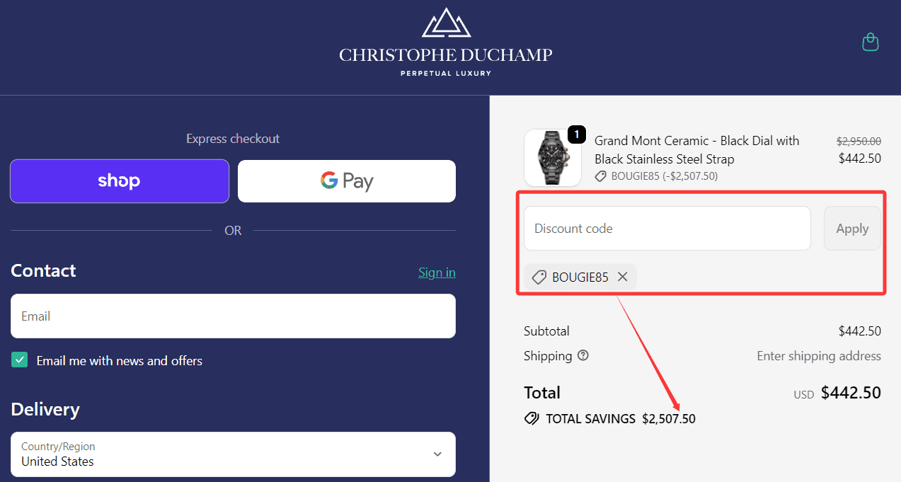 where to use Christophe Duchamp promo code box