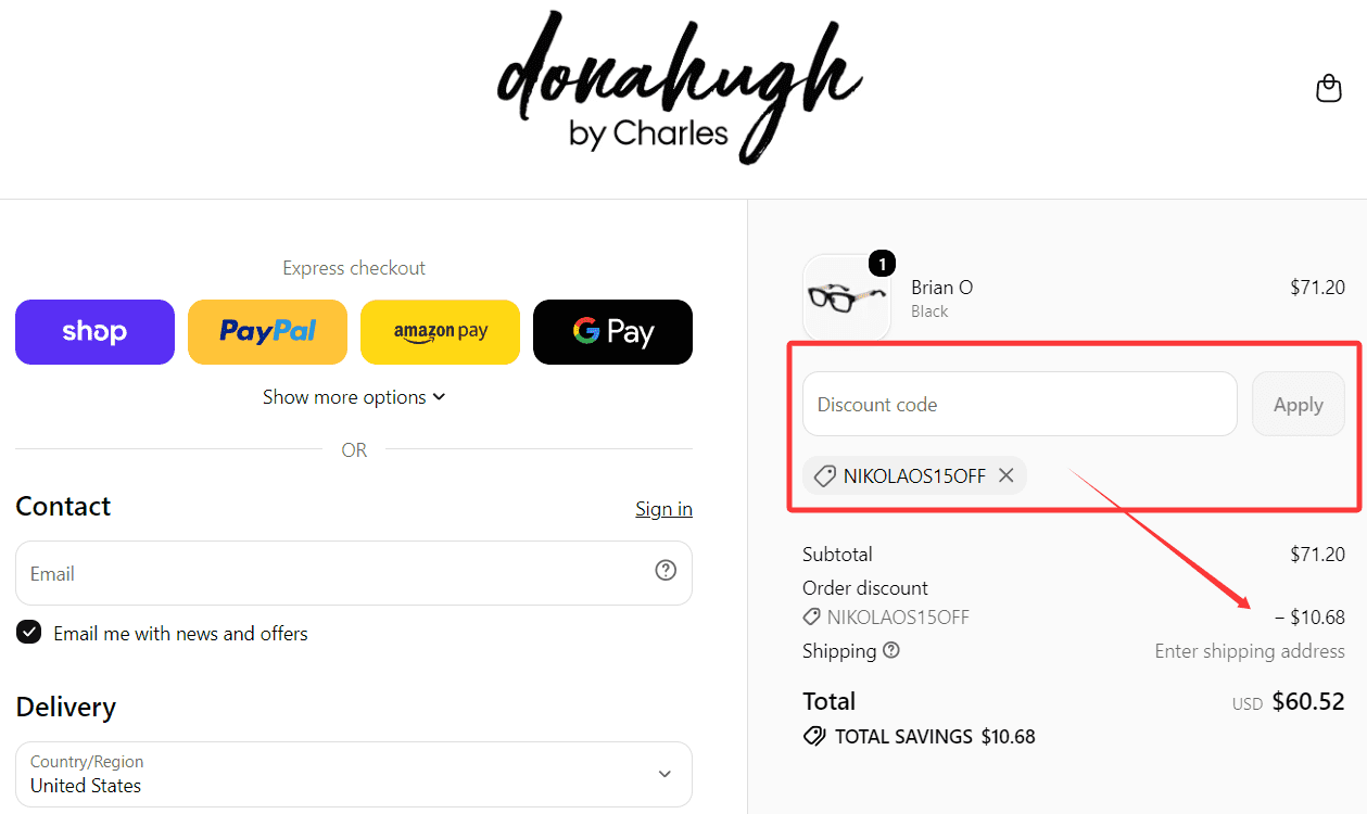 where to use Donahugh Eyewear promo code box
