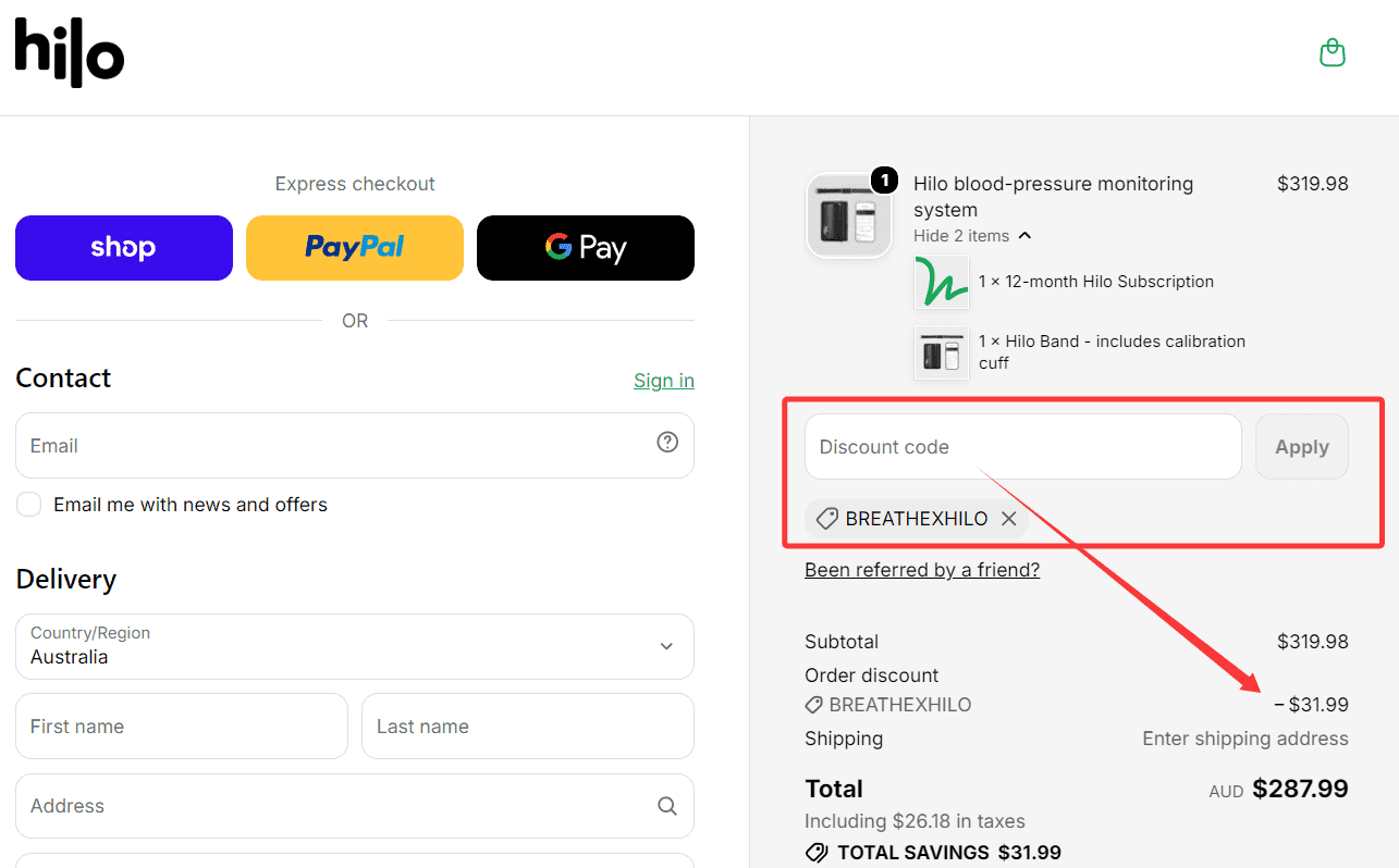 where to use Hilo promo code box