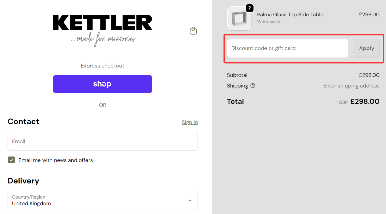 where to use Kettler promo code box