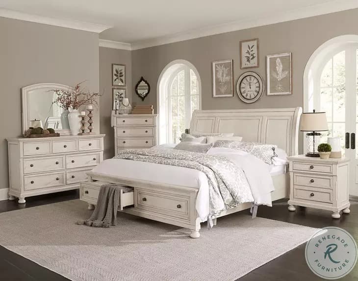 Bethel Wire Brushed White Storage Sleigh Platform Bedroom Set