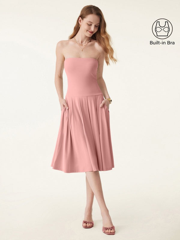 Strapless Pleated Midi Tube Brami Dress with Pockets
