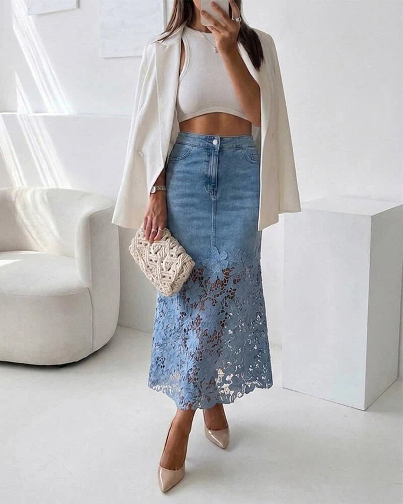 Women's Guipure Lace Spliced Denim Skirt High Waisted Jean Skirt French-Style Casual Skirt