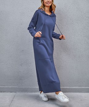 Crown Blue Kangaroo-Pocket Hooded Maxi Dress - Women & Plus
