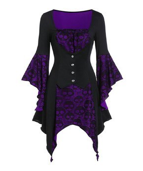 Black & Purple Skull Lace Sidetail Dress - Women