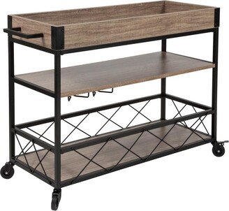 Merrick Lane Brookville Rolling Kitchen Serving And Bar Cart With Shelves And Wine Glass Holders
