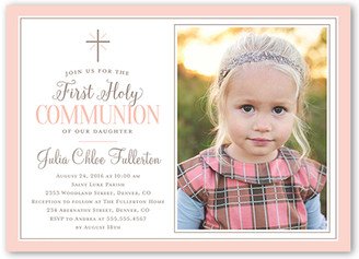 First Communion Invitations: Faithfully Framed Girl Communion Invitation, Pink, Standard Smooth Cardstock, Square