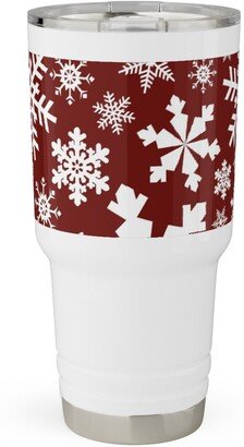 Travel Mugs: Christmas White Snowflakes On Red Background Travel Tumbler, 30Oz, Red