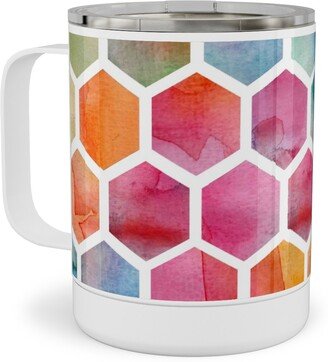 Travel Mugs: Watercolour Hexagons - Multi Stainless Steel Mug, 10Oz, Multicolor