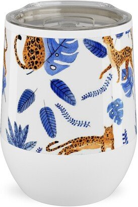 Travel Mugs: Leopard Tropical Exotic - Blue Stainless Steel Travel Tumbler, 12Oz, Multicolor