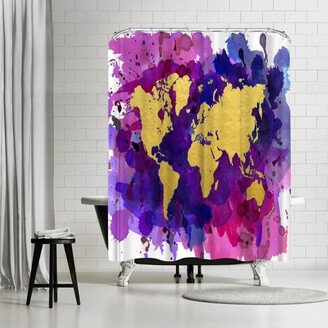 71 x 74 Shower Curtain, Pop Of Color Gold Watercolor World Map by Samantha Ranlet