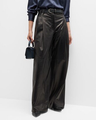 Pleated Napa Leather Wide-Leg Trousers