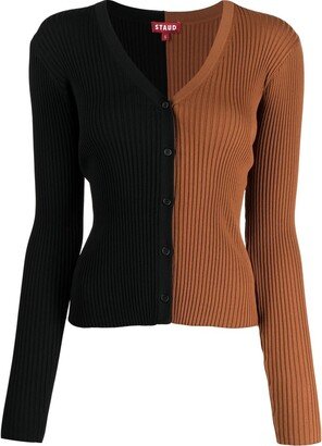 two-tone V-neck ribbed cardigan