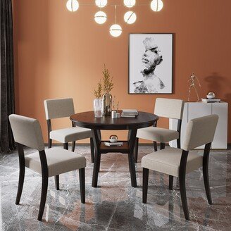 GREATPLANINC 5-Piece Kitchen Dining Table Set Round Table with Bottom Shelf and 4 Upholstered Chairs for Dining Room Kitchen