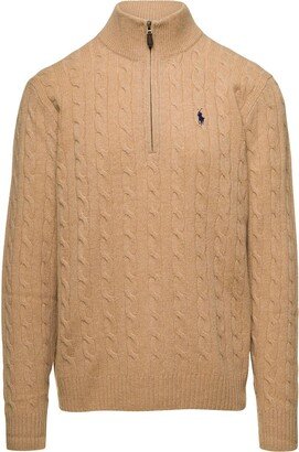 Beige Cable Knit Sweater with Zip and Pony Embroidery in Wool and Cashmere Man