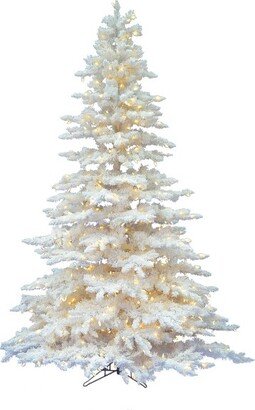 7.5' Flocked White Spruce Artificial Christmas Tree, Pure White Single Mold LED Lights In a 21Lx21Wx7H base.