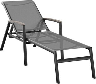 Jace Outdoor Aluminum Sling Chaise Lounge with Faux Wood Accent Arms and Grey Sling