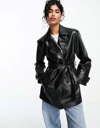 short faux leather trench coat in black