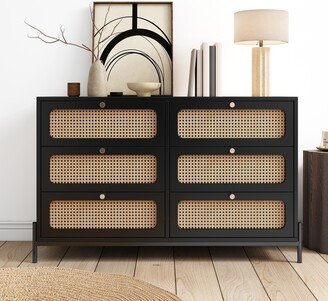 TOSWIN Modern Cannage 6-Drawer Dresser, Versatile Storage Solution with Rattan Accents-AA