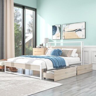 TOSWIN Metal Platform Bed Frame with Wooden Headboard, 2 Storage Drawers, Sockets, and USB Ports-AA