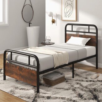 EPOWP Twin Size Metal Bed Frame with Wood Headboard and Footboard, Heavy-Duty Platform Bed with Strong Metal Slats Support