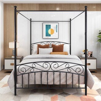 Metal Canopy Bed Frame with Ornate European Style Headboard & Footboard Sturdy Steel Fits Your Mattress Easy DIY