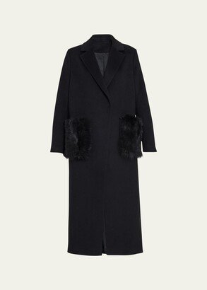 Long Notched-Collar Shearling & Wool-Blend Coat