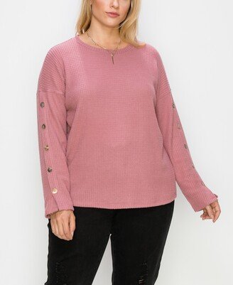 Plus Size Brushed Waffle Crew Button Long Sleeve Top