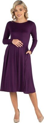 24seven Comfort Apparel Fit N Flare Pocket Masternity Dress-Purple-M