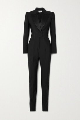 Satin-trimmed Wool Jumpsuit - Black