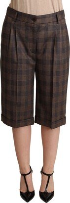 Brown Checkered Wool Bermuda Mid Waist Women's Shorts