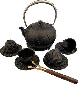 Mct-A011-11Bk 1100Ml Black Good Heavy Quality Circles Rings Cast Iron Teapot 1.1L Floral Teapots Set With Tea Pot Cups Patina Father's Gift