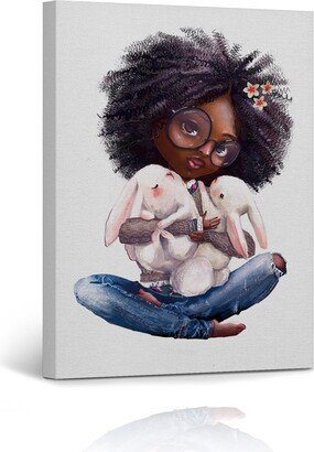 Curly Girl Afro African American Kid Cuddle With Bunnies Watercolor Painting Canvas Wall Art Print Kids Room Nursery Decor