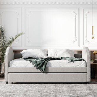 TOSWIN Full Size Upholstered Daybed with Twin Trundle, Wood Slat Support