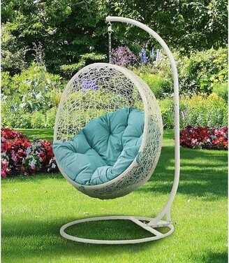 Balmoral Outdoor White Rattan with Turquoise Cushioned Stand-Alone Hanging Swing Chair