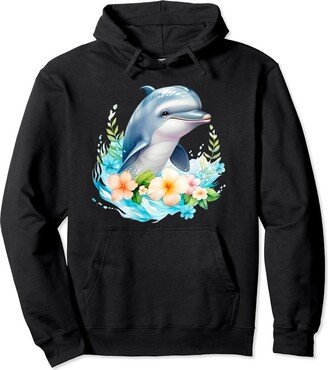 Dolphin Watercolor Ocean Water Tropical Flower Pullover Hoodie