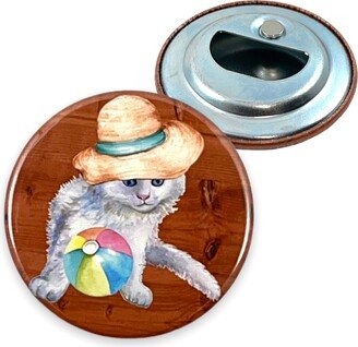 2.25 Inch Magnet Bottle Opener White Cat Beach Day Theme On Wood Pattern Background Ball