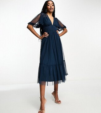 Beauut Tall Bridesmaid tulle midi dress with flutter sleeve in navy