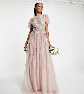 ASOS DESIGN Tall Bridesmaid pearl embellished flutter sleeve maxi dress with floral embroidery in rose