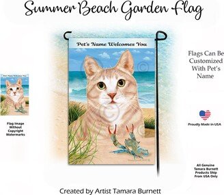 Tuxedo Cream & White Cat Summer Beach Scene | Can Personalize With Pet/Family Name Garden Flag