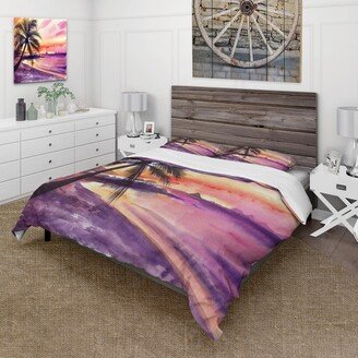 Designart 'Pink and Purple Palm Beach Sunset' Nautical & Coastal Duvet Cover Comforter Set