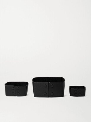 Set of Three Reversible Collapsible Full-Grain Leather Boxes