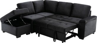 TOSWIN Velvet L-Shape Sleeper Sectional Sofa with Storage Ottoman, USB Charge & Arm Storage