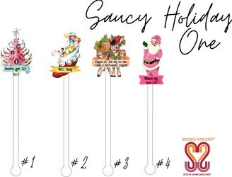 Saucy Holiday Vintage One - 4 Piece Assorted Set Cocktail Stirrer Drink Stir Sticks Swizzle Christmas Winter