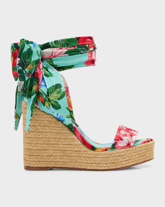 Floral Ankle-Wrap Wedge Espadrilles