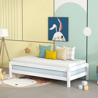 EDWINRAY Twin Size Two Solid Platform Stackable Single beds with Wood Slats,Space saving-AA