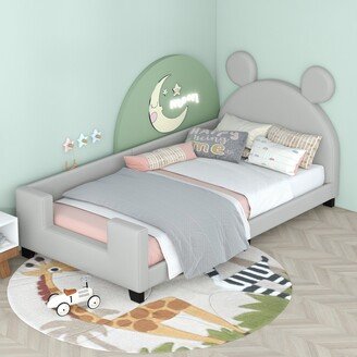 EDWINRAY Twin Size Upholstered Daybed, Wooden Daybed Frame with Carton Ears Shaped Headboard, PU Leather Platform Bed Kids, Light Grey