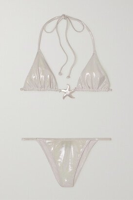 Star Embellished Iridescent Stretch Triangle Bikini - White