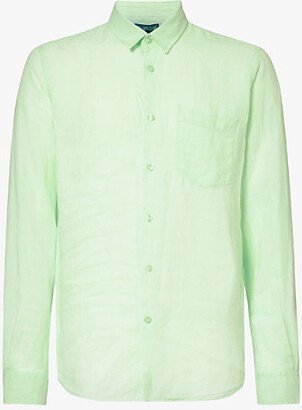 Mens Water Green Caroubis Brand-embroidered Relaxed-fit Linen Shirt