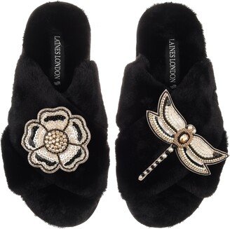 Laines London Classic Laines Slippers With Dragonfly & Flower Brooches - Black